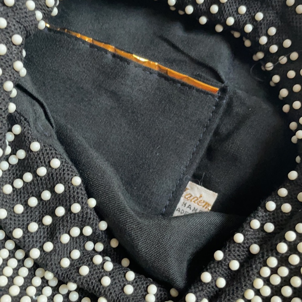 Vintage drawstring handbag Black white beaded fringe pouch purse - Picture 10 of 10